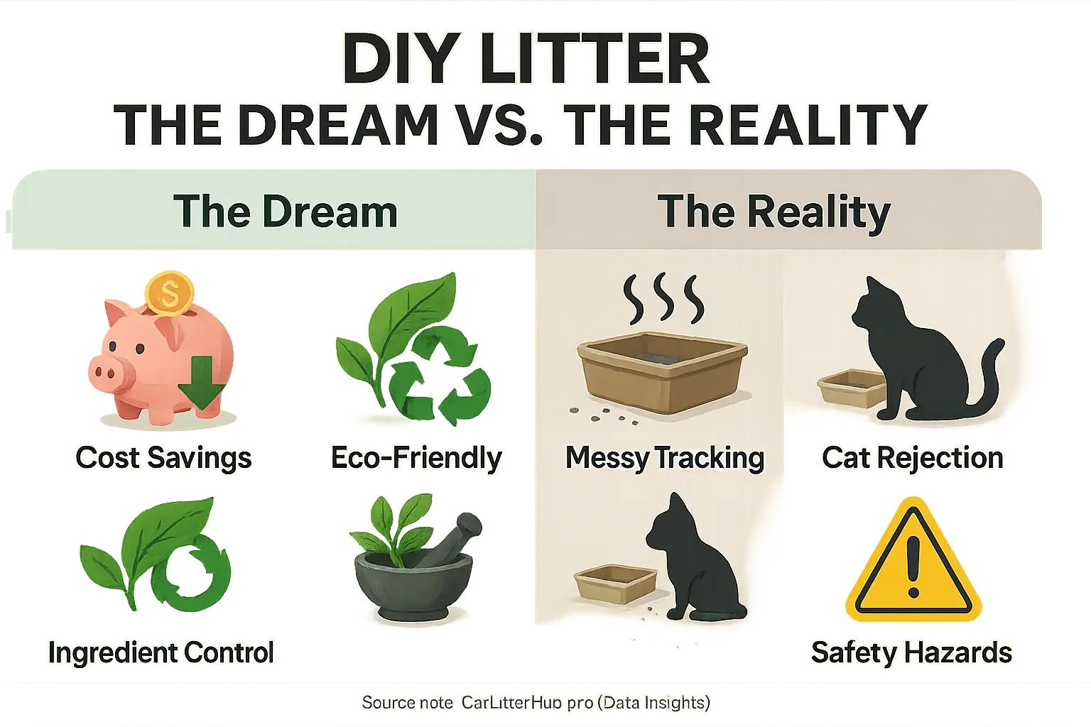Infographic: DIY litter dream icons (cost savings, eco, control) vs. reality icons (poor odor, mess, rejection, hazards).