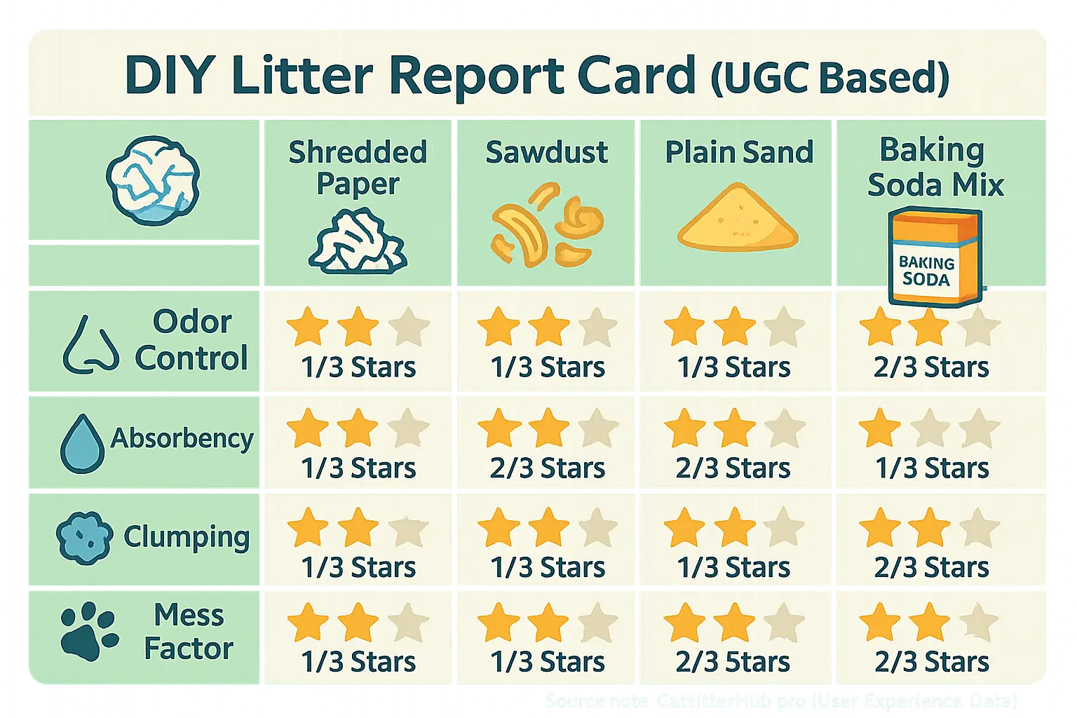 DIY litter report card: User star ratings for paper, sawdust, sand, baking soda on odor, absorbency, clumping, mess.