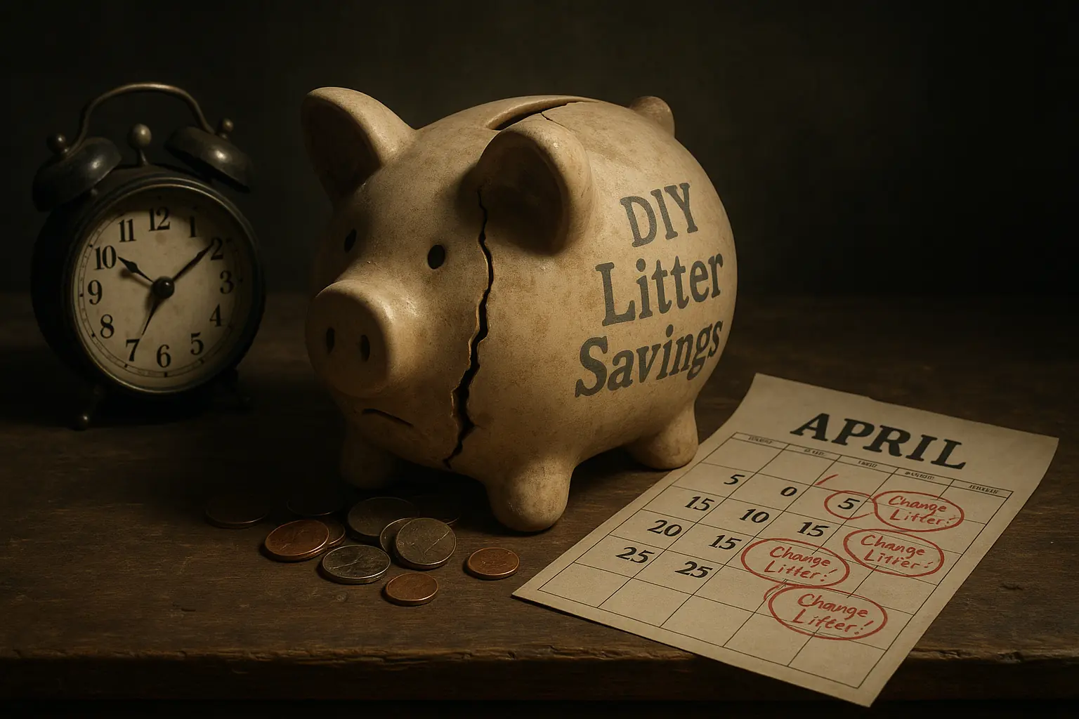 Cracked &#x27;DIY Litter Savings&#x27; piggy bank spilling coins, with clock &amp; calendar, shows hidden time &amp; money costs of homemade
