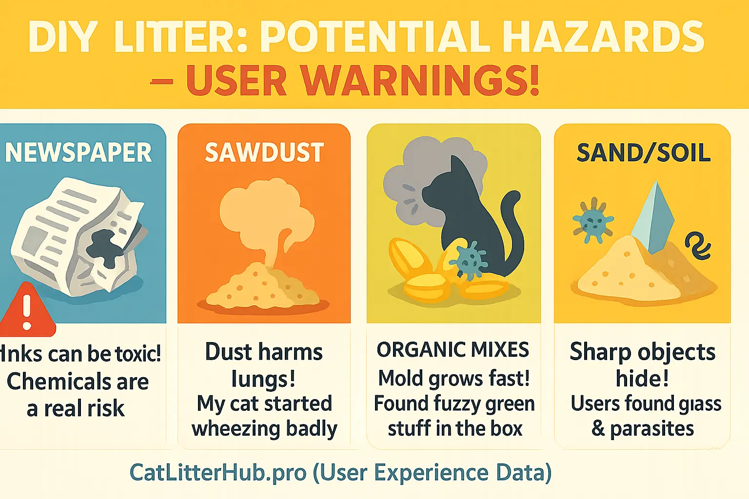 Warning infographic: DIY litter hazards - toxic ink, dust, mold, sharp objects - with user warnings for cat safety.