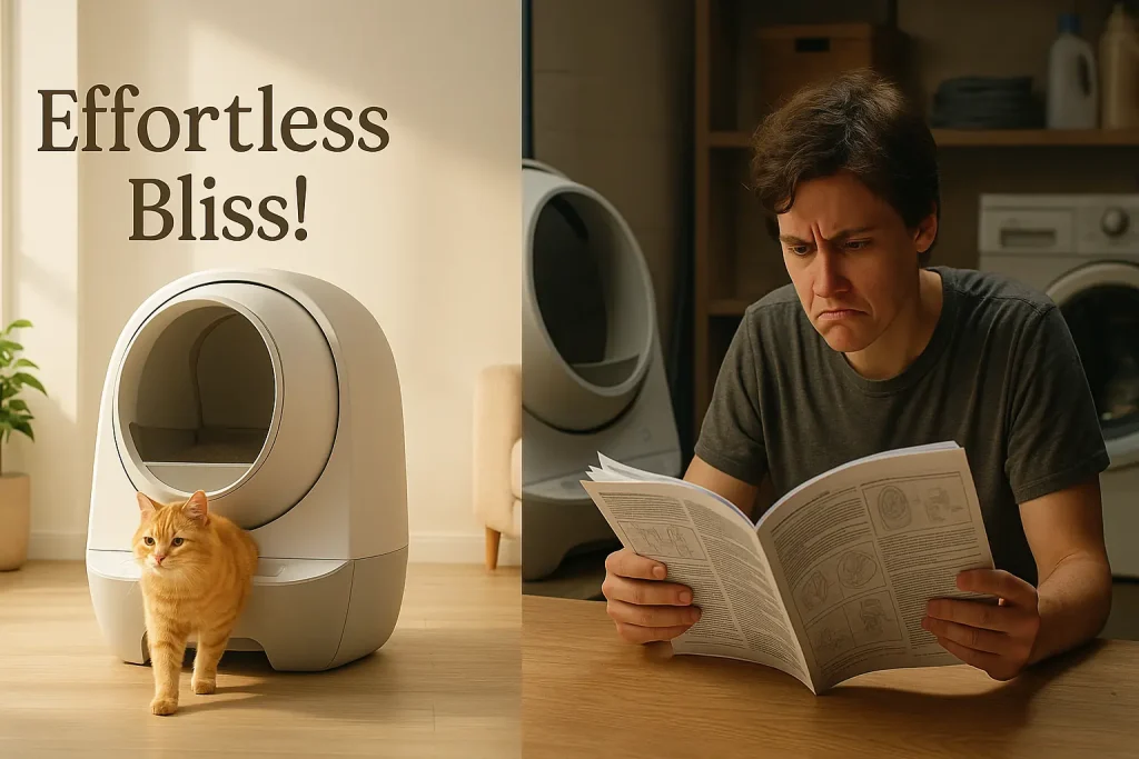 Cat's 'Effortless Bliss!' in sleek auto litter box contrasts owner's struggle with its complex manual.