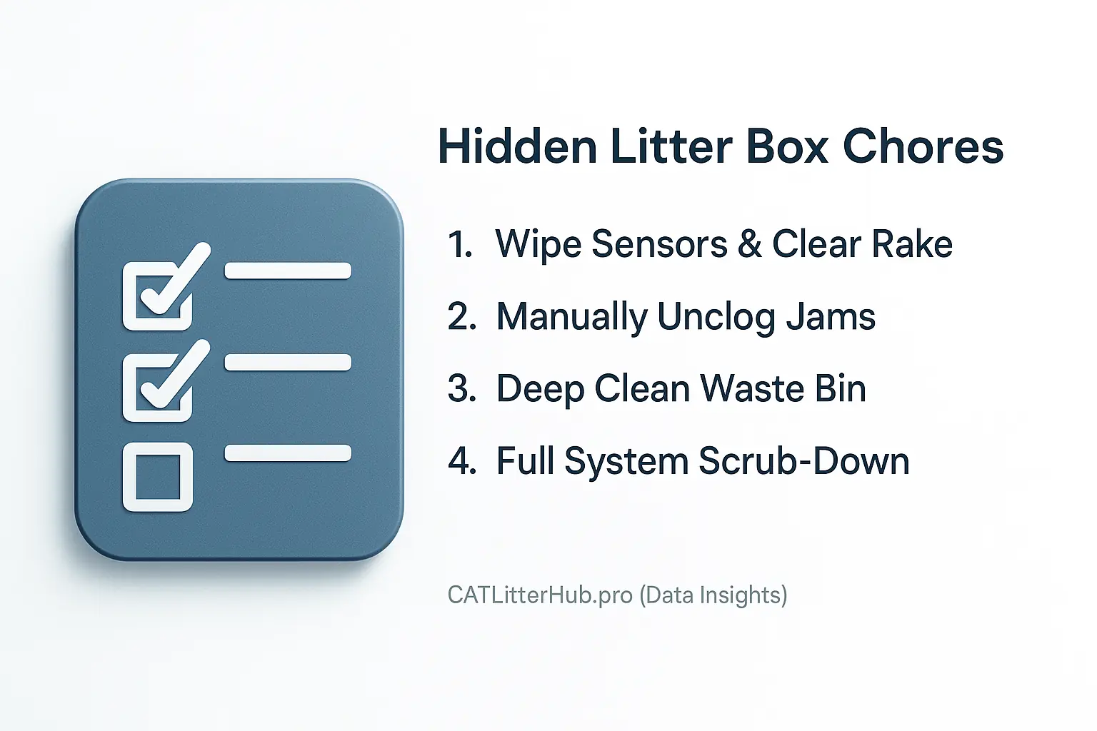 Infographic checklist of hidden automatic litter box tasks: cleaning rakes/sensors, clearing jams, scrubbing bins.