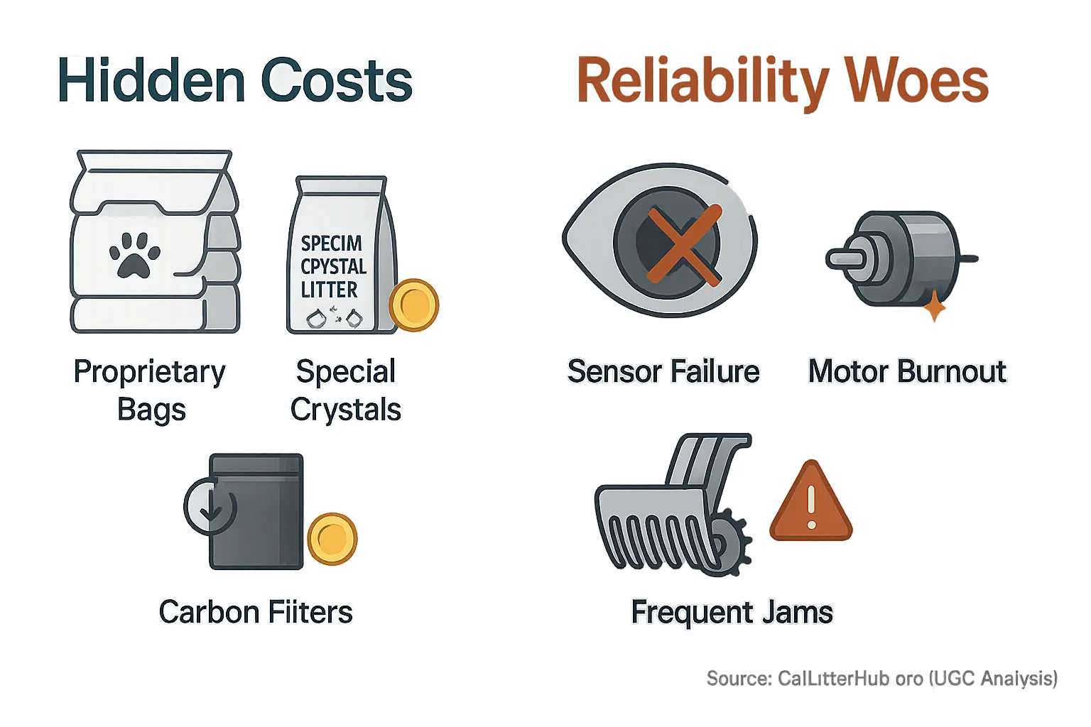 Infographic: &#x27;Hidden Costs&#x27; (bags, filters, crystals) &amp; &#x27;Reliability Woes&#x27; (sensor failure, motor burnout, jams).