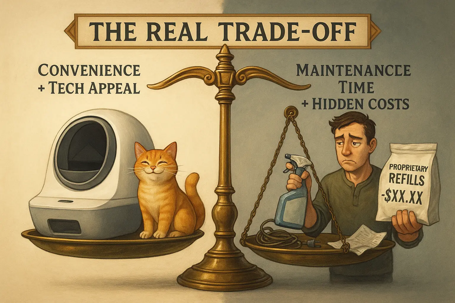 A scale weighs pros: 'Convenience + Tech' (happy cat) against cons: 'Maintenance + Costs' (worried owner). Text: 'The Real