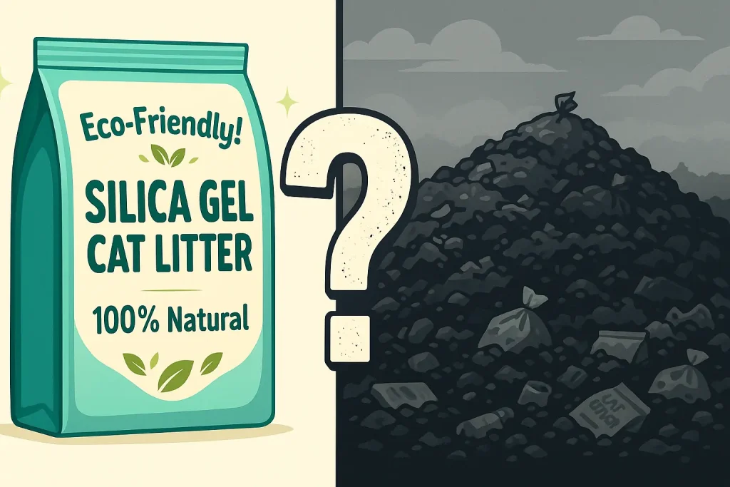Split panel: Shiny 'eco' bag vs. overflowing landfill, a ? highlighting dubious eco-claims.