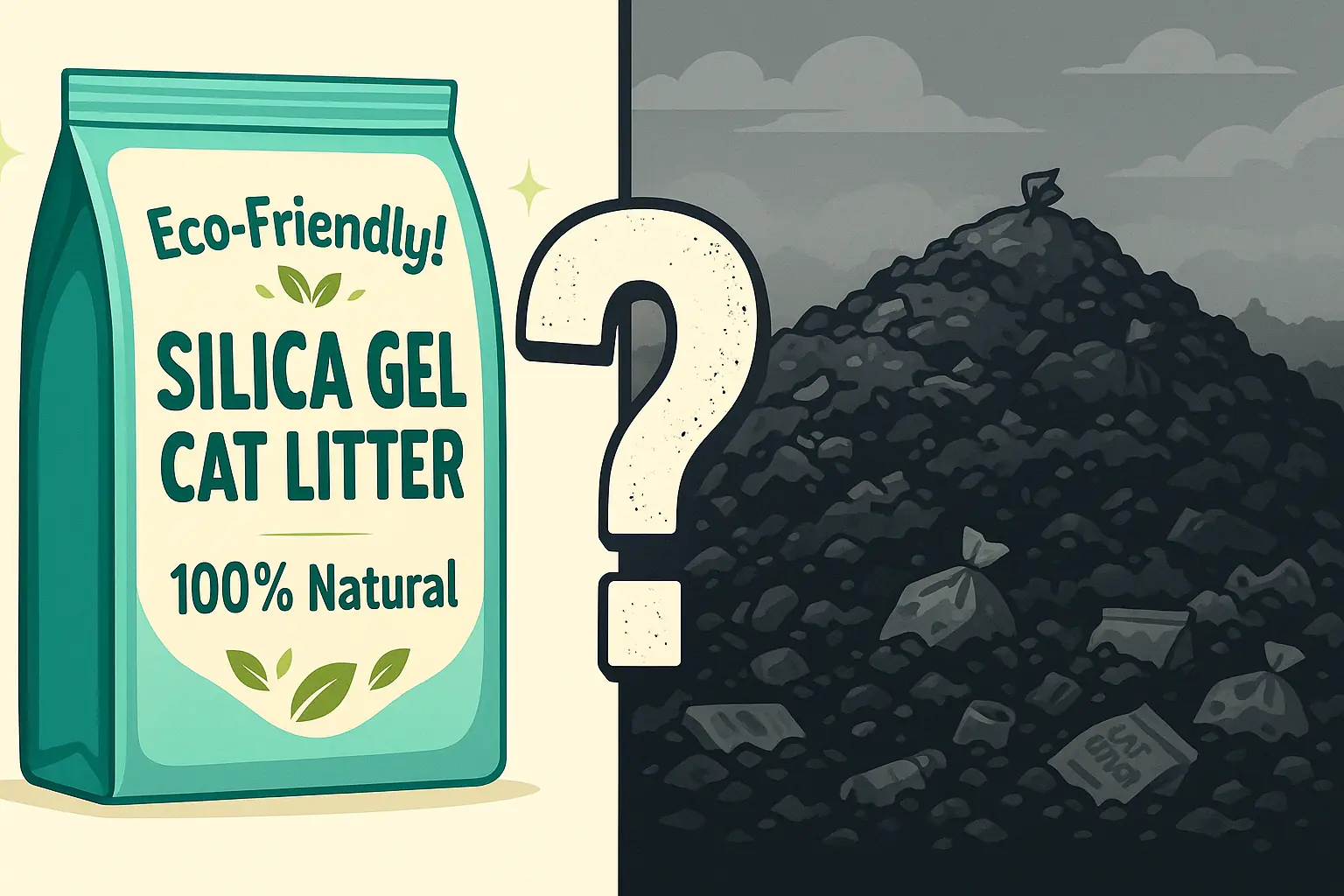 Split panel: Shiny &#x27;eco&#x27; bag vs. overflowing landfill, a ? highlighting dubious eco-claims.