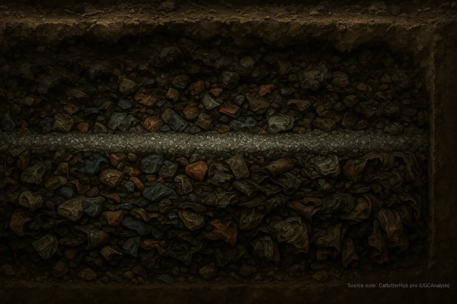 Landfill cross-section reveals a persistent, shimmering layer of silica gel crystals among distinct trash layers.