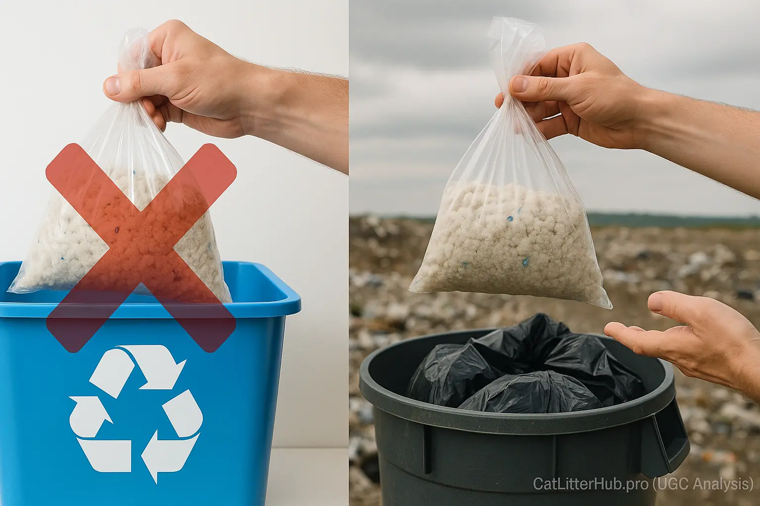 Silica litter bag: Red &#x27;X&#x27; marks incorrect recycling; bag goes into landfill trash.