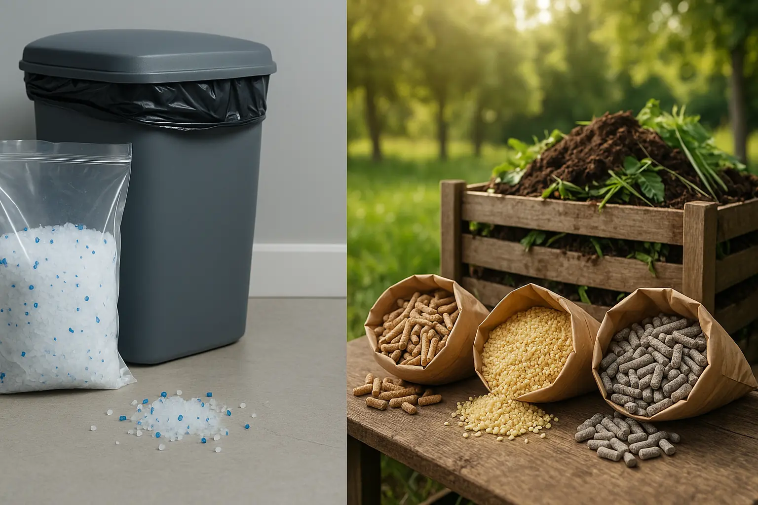 Silica litter by trash can vs. greener plant-based litters (wood, corn, paper) by compost or garden, showing choices.