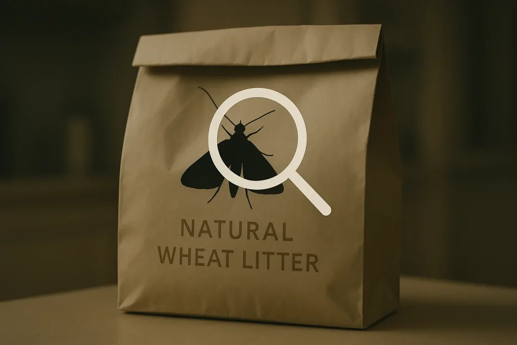 Pantry moth silhouette by ajar 'Natural Wheat Litter' bag, magnifying glass icon over the moth.