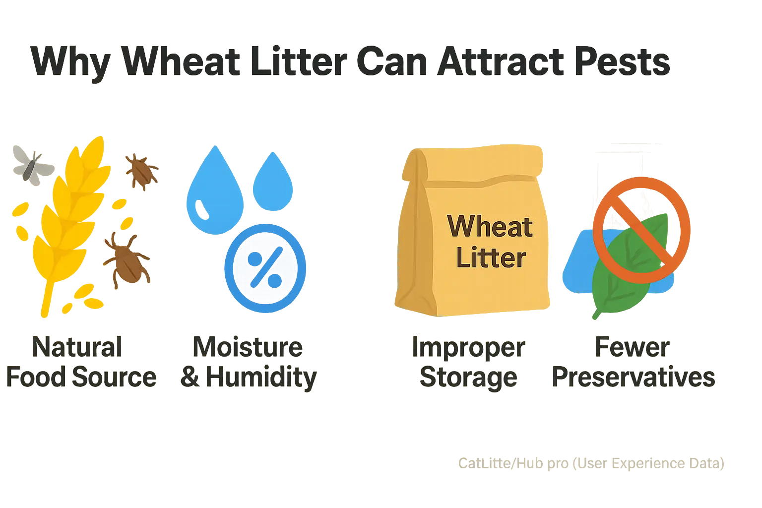 Four icons illustrate why wheat litter attracts pests: natural food, moisture, poor storage, fewer preservatives.