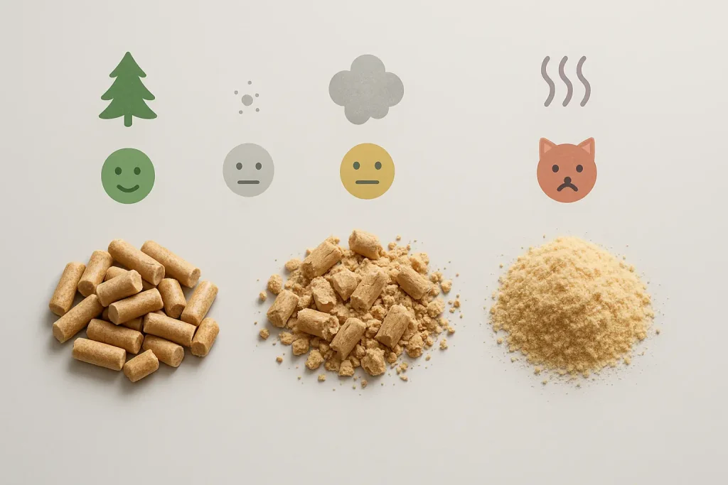 Feline Pine pellet transforms from whole to broken to sawdust, with icons for dust, odor, cat reaction at each stage.