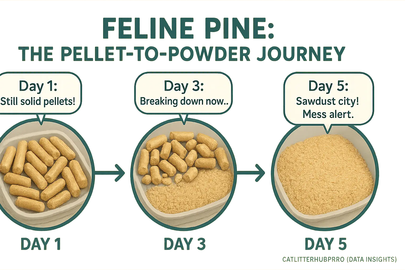 Infographic timeline: Feline Pine pellets Day 1 intact, Day 3 some broken, Day 5 mostly sawdust, with user comment bubbles.