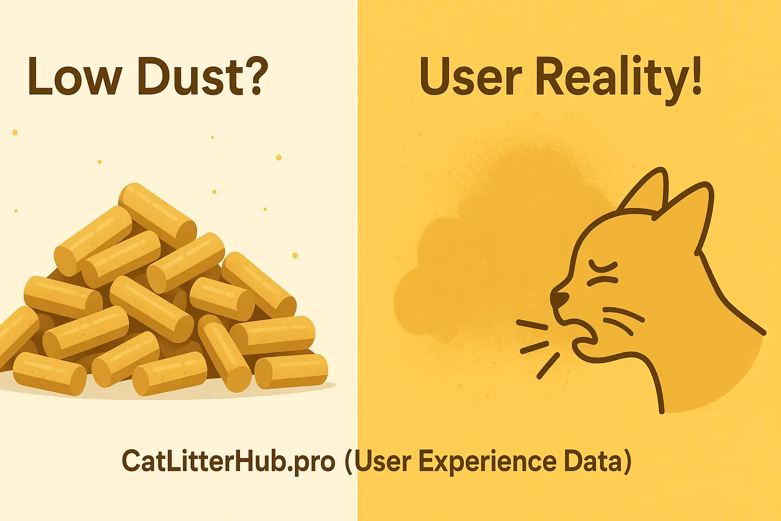 Split image: clean Feline Pine pellets ('Low Dust?') vs. fine pine sawdust cloud ('User Reality!') with coughing cat.