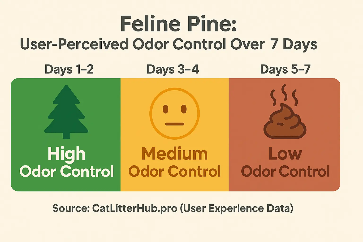 Graph: User-perceived Feline Pine odor control. High (pine icon) days 1-2, medium (neutral face) days 3-4, low (stinky icon)