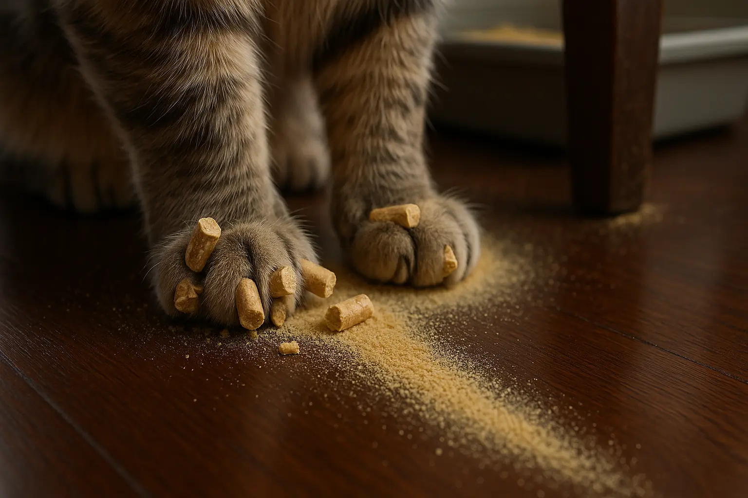 Cat paws with Feline Pine pellets stuck, trailing fine sawdust from a litter box.