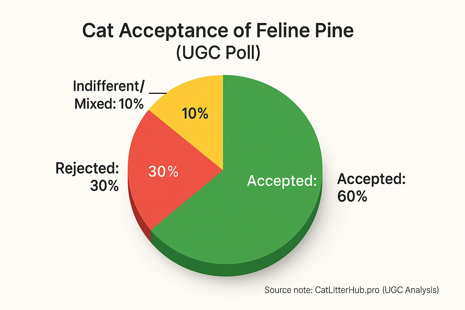UGC poll pie chart: 60% of cats accept Feline Pine, 30% reject, 10% indifferent/mixed.