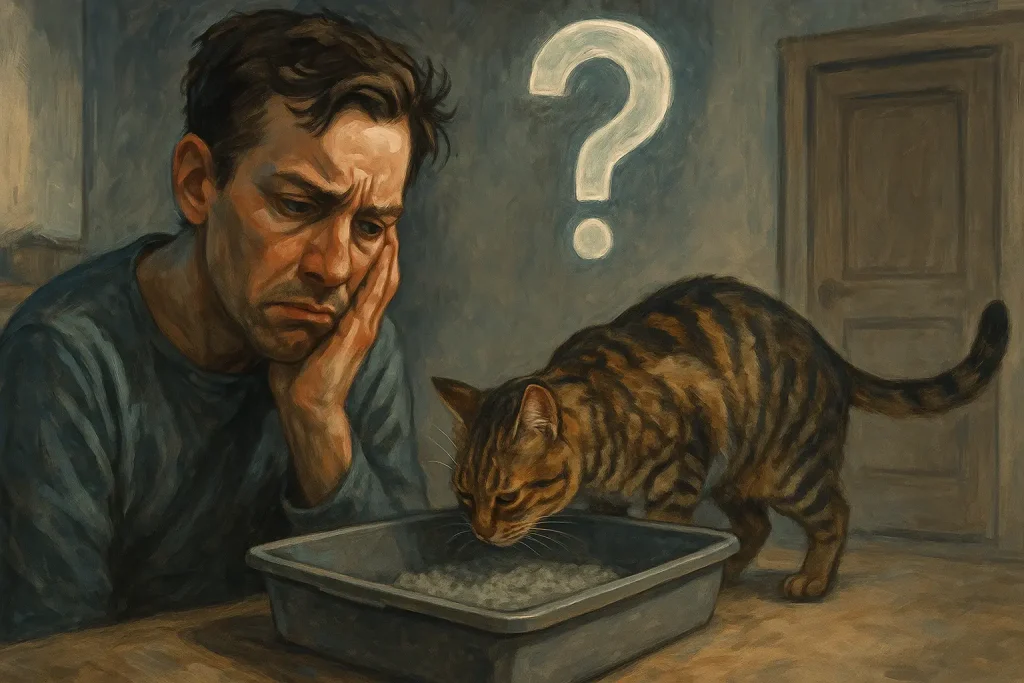 Worried owner, question mark overhead, eyes cat by litter box, concerned about litter eating.