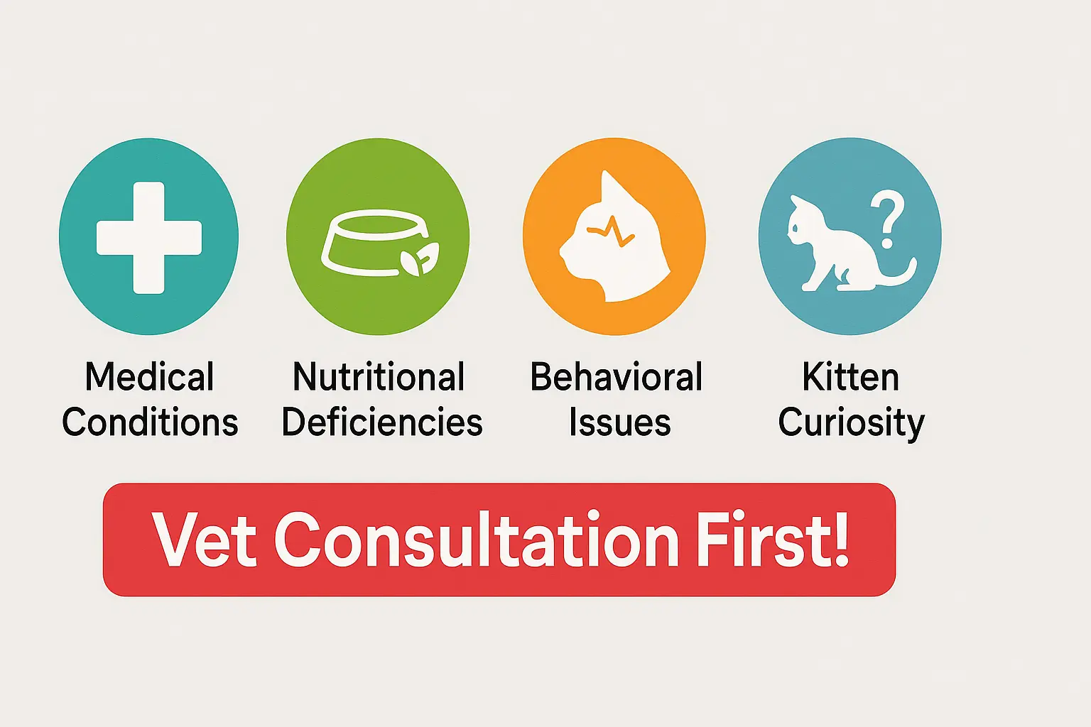 Infographic: Pica causes (Medical, Nutritional, Behavioral, Kitten Curiosity) & 'Vet Consultation First!' callout.