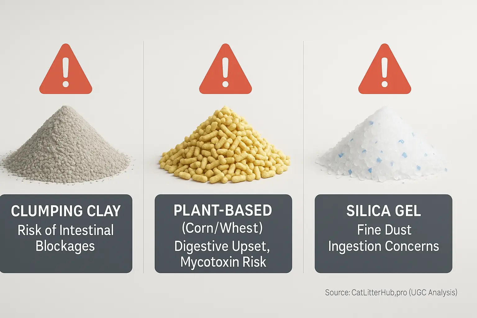 Piles of clumping clay, corn/wheat, & silica gel litters, each with a red warning icon for ingestion danger.