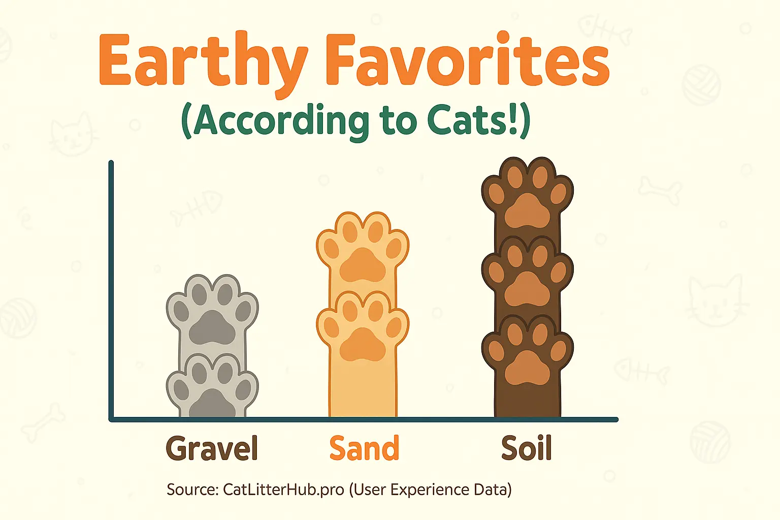 Playful cat paw bar chart: relative user mentions for gravel, sand, soil as cats' earthy litter choices.