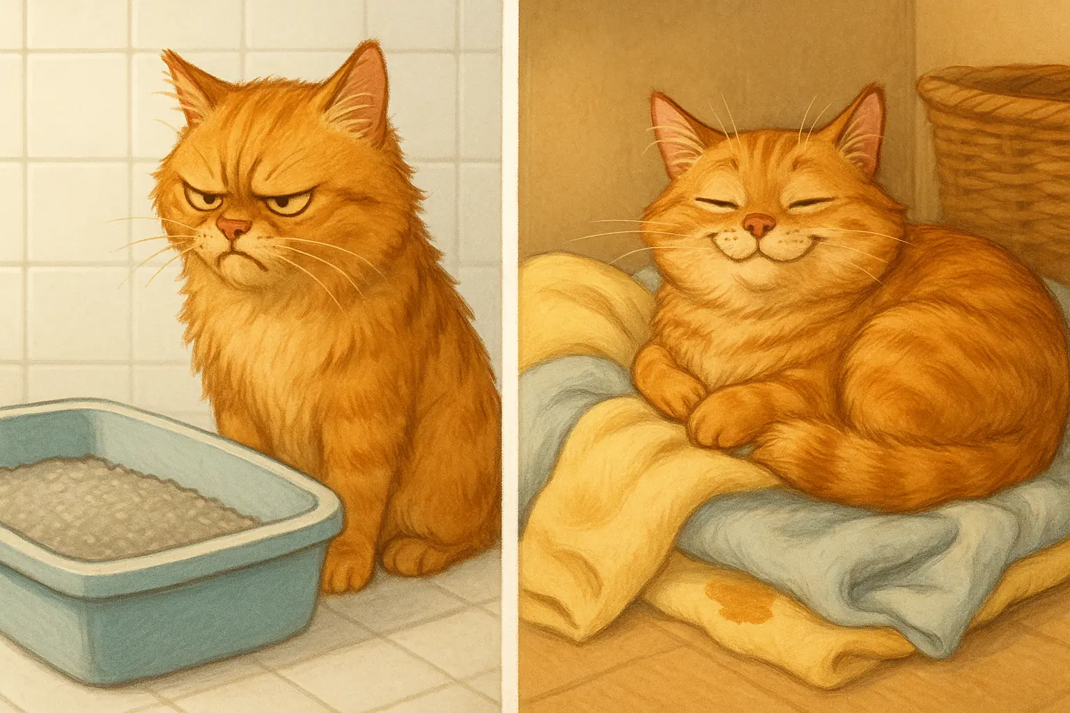 Split panel: Cat disdains litter box; then curls up contentedly on soft towels it used.