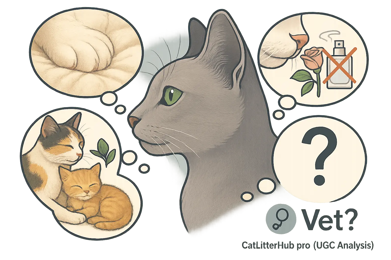 Infographic cat head profile with thought bubbles illustrating theories (senses, memory, needs) behind feline quirks.