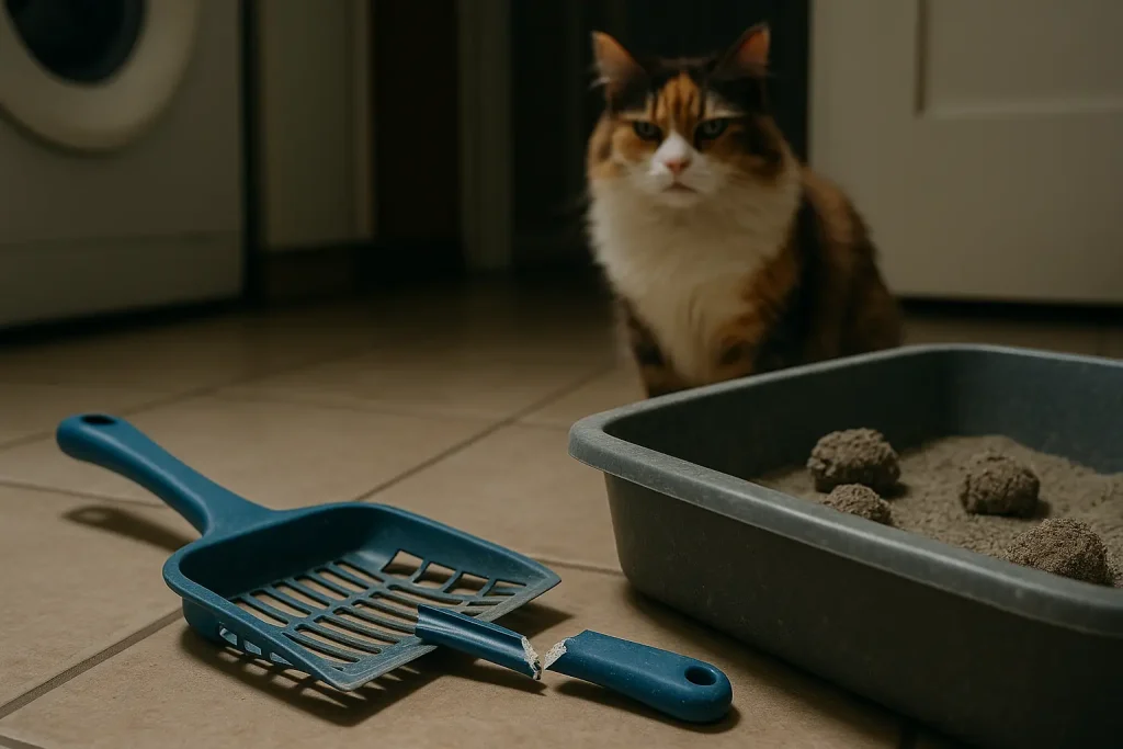 Snapped plastic litter scoop, broken and unusable, lies by a litter box as an unimpressed cat observes.