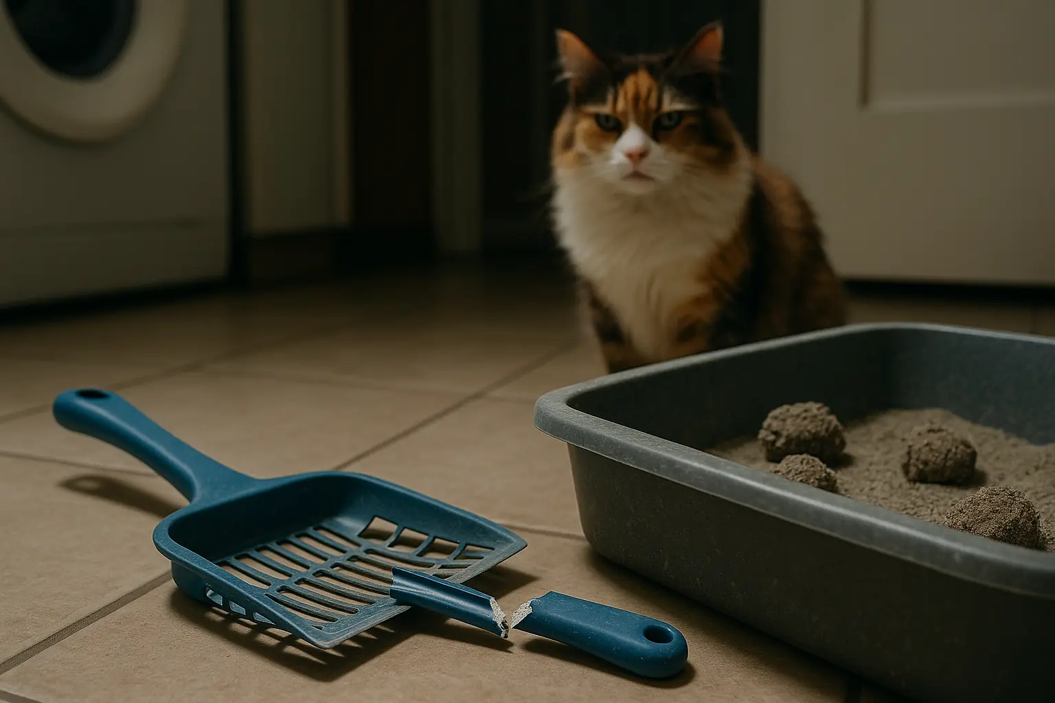 Snapped plastic litter scoop, broken and unusable, lies by a litter box as an unimpressed cat observes.
