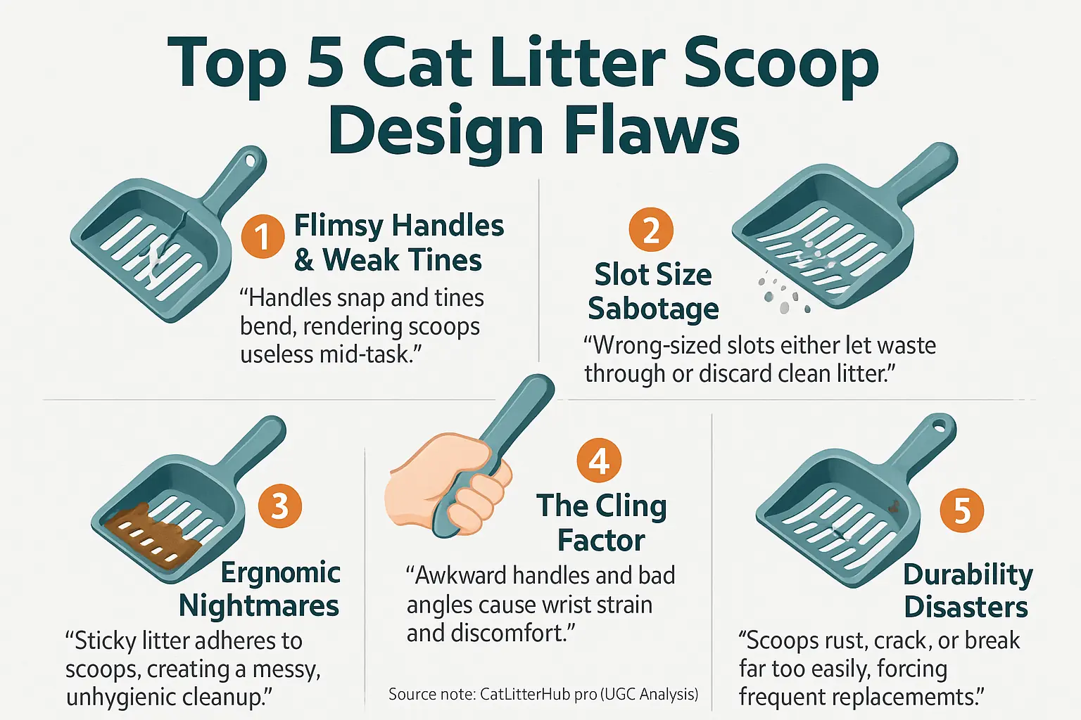 Infographic: Top 5 user-reported cat litter scoop design flaws, with icons & complaints.