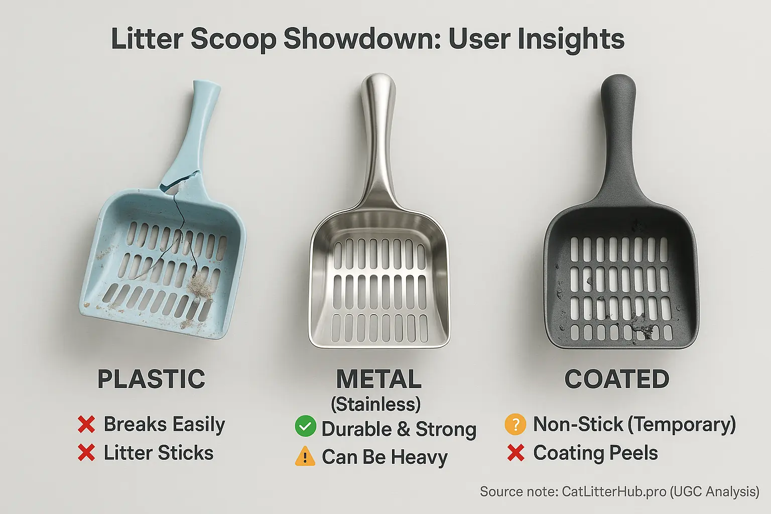 Visual comparison: flimsy broken plastic, sturdy metal, peeling coated scoops show material pros/cons for users.