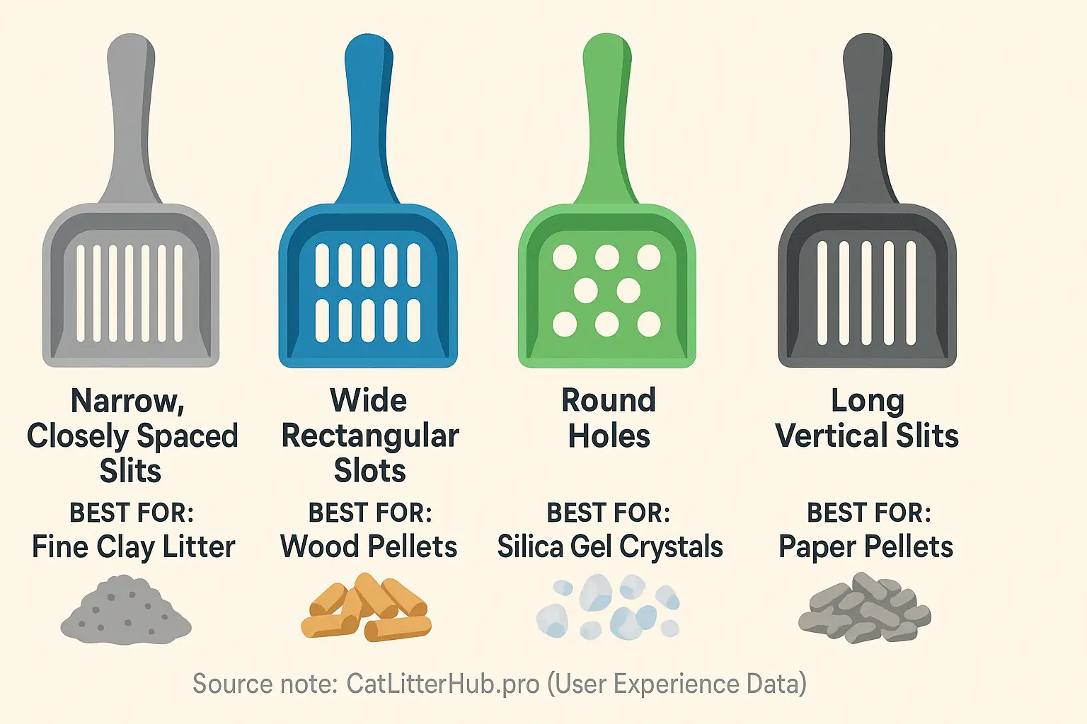 Litter scoop slot designs (narrow, wide, round, long slits) labeled with ideal litter matches (clay, pellets, crystals) for