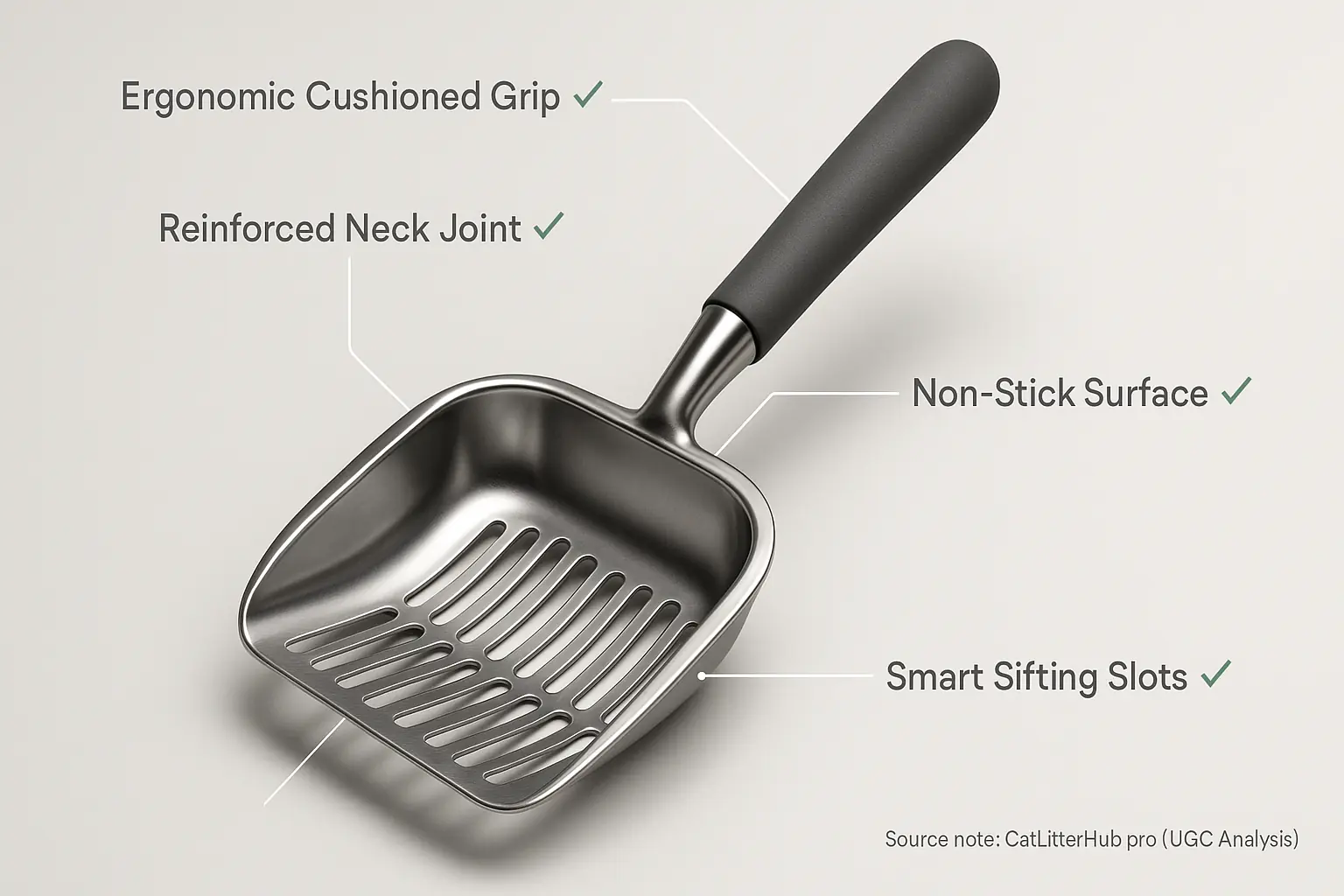 Ideal litter scoop diagram with key features checked: ergonomic handle, reinforced neck, non-stick surface, optimal slots.