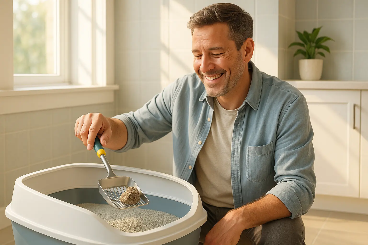 Smiling cat owner effortlessly sifts a clean litter box with an effective scoop, ensuring a fresh home and peace of mind.