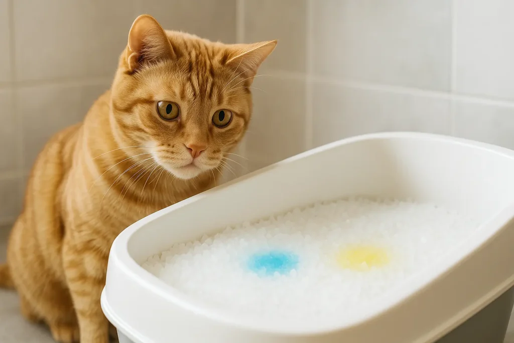 Quizzical cat inspects litter box with unusual pale blue and light yellow spots.
