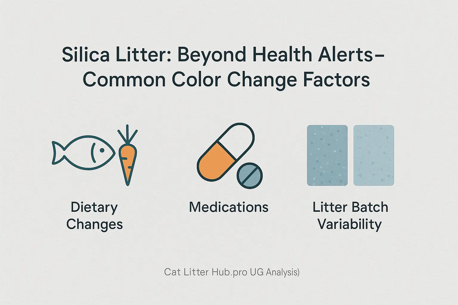 Infographic: Non-health factors like diet, meds, & batch variability (shown with icons) can alter silica litter color.