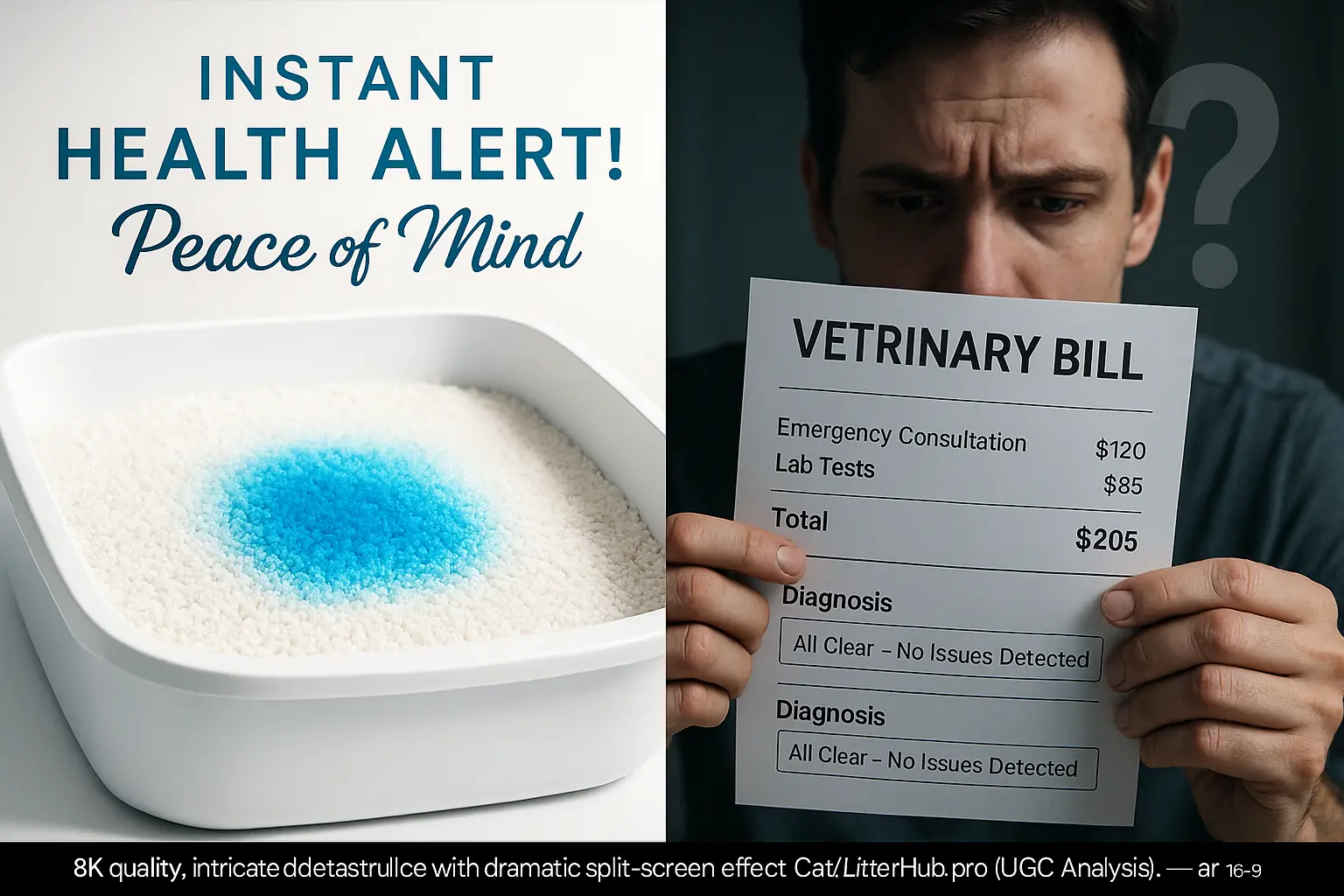 Split visual: Marketed health-alert litter vs. owner's real-world stress with uncertain vet bill.